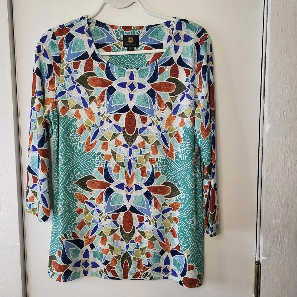JM Collection Wm's 3/4 sleeve pullover blouse NWT sm colorful kaleidoscop